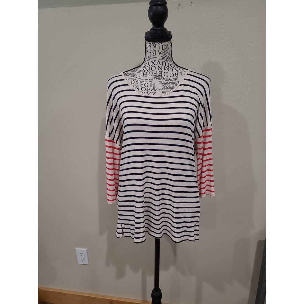 Olive & Oak nautical Coastal Beach 3/4 sleeve red wht blue stripe tee Women SZ M